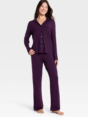 Cloud Knit Modal Long Sleeve Notch Collar Top and Pants Pajama Set - Auden L